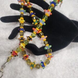 Lampwork Glass Bead Necklace Multi Color Raised Dot Toggle Clasp 16 Inch